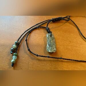 Green Stone Pendant Necklace Black Braided Cord Adjustable Handmade Women 19"